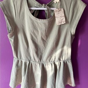 Hem & Thread Hunter Green Acid Wash Peplum Tie Back Blouse